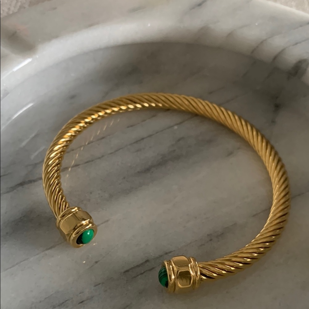 Gold Stainless Steel & Green Open Twisted Cuff Bracelet - Picture 2 of 3